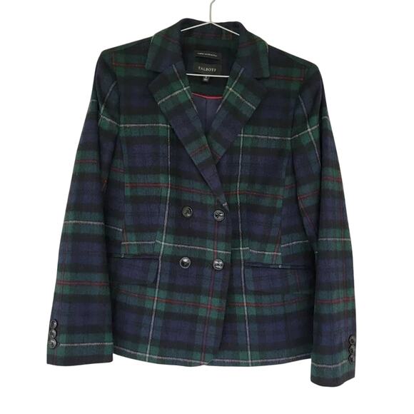 Talbots Plaid Wool Blend Blazer Blue Green Check Women Size 10 Double Breasted - Picture 1 of 13